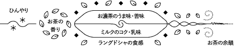 口溶けのチャート：ひんやり→お茶の香り→お濃茶のうま味・苦味→ミルクのコク・乳味→ラングドシャの食感→お茶の余韻